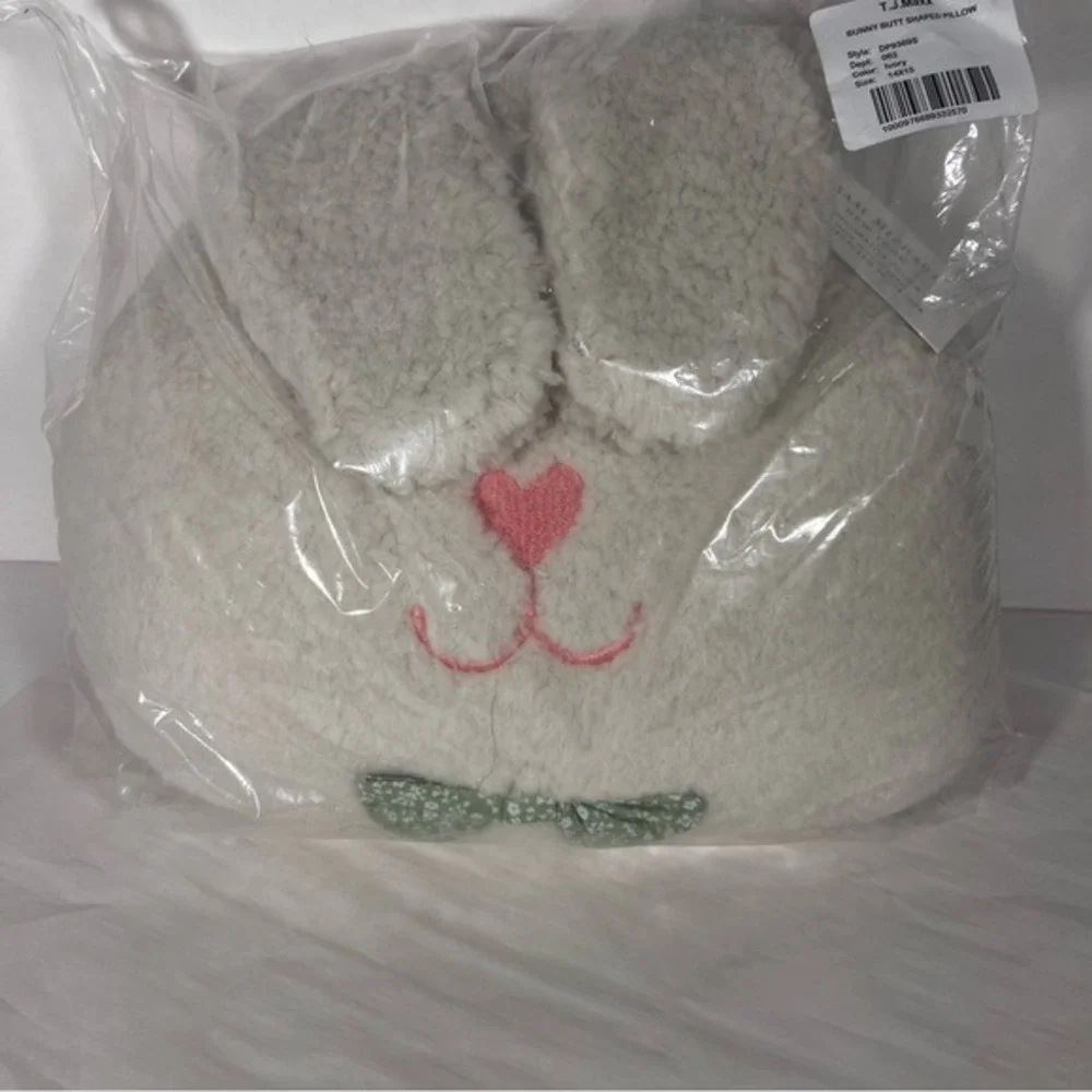 Bunny Plush Pillow Cream Embroidered Face Green Bow Easter‎ Spring Soft Decor